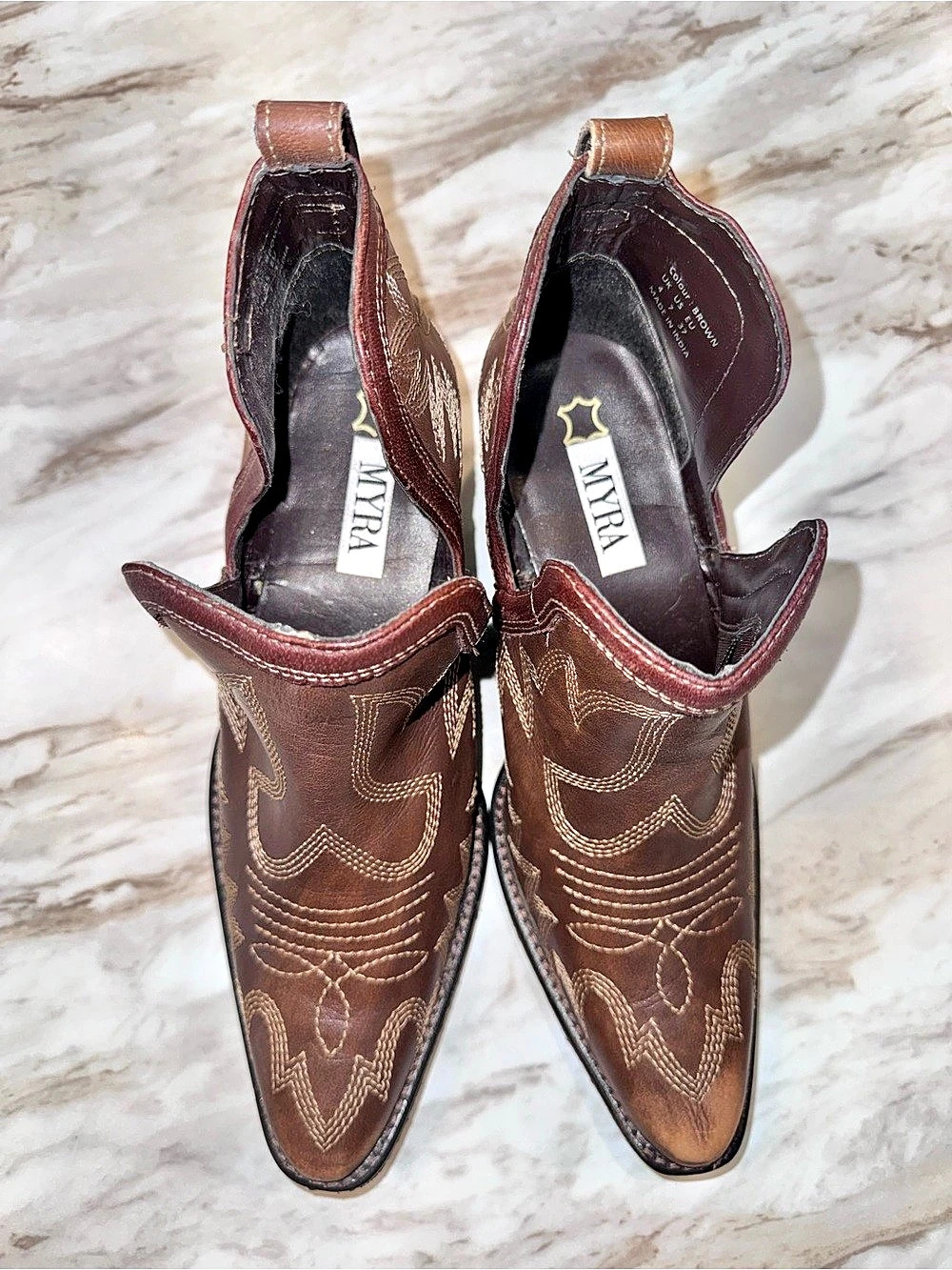 Myra Embroidered Western Ankle Boots in Brown Like New